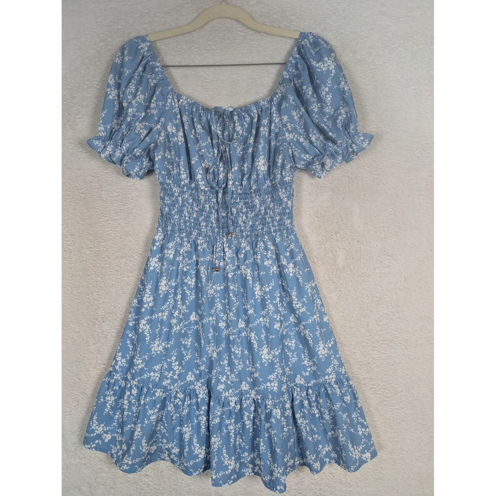 SHEIN Mini Dress Women's Small Blue Floral Smocked Waist Puff Sleeve Ruffle Hem